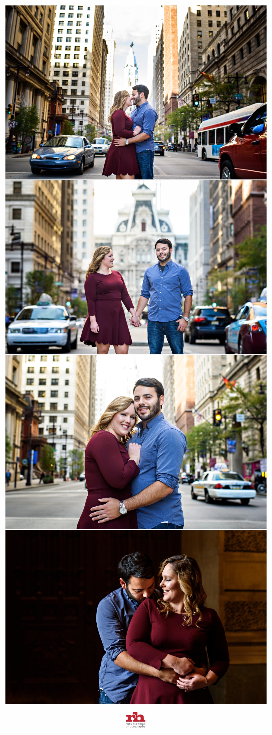 A newly engaged couple hug on broad street in front of city hall in Philadelphia.